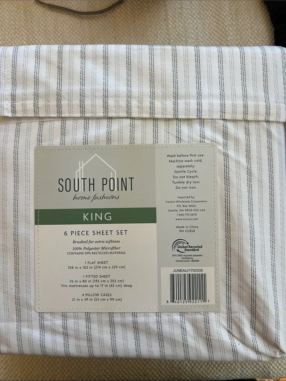 King 6-Piece Sheet Set - White with Gray Navy Stripe